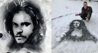 Художник прямо на снегу создал портреты известных людей (8 фото)