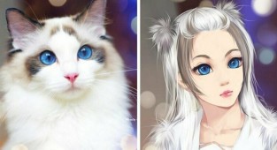 Китайская художница представила, как выглядели бы кошки, будь они девушками из аниме (18 фото)