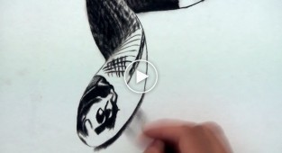Мастер 3D живописи  оживил  змею на листе бумаги