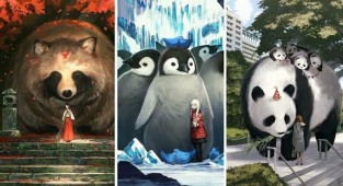 Художник из Японии создаёт картины с мирами, в которых обычные животные выглядят гигантами (41 фото)