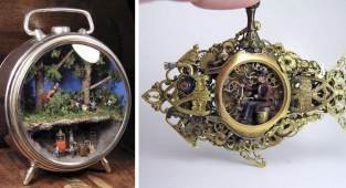 Художник создаёт внутри часов фантастические миниатюрные стимпанк миры (27 фото)