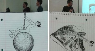 Студент, просиживая время на парах, рисовал своего преподавателя, создавая веселые карикатуры (11 фото)