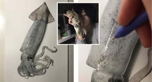 Японский художник создает потрясающе реалистичный рисунок кальмара, используя только ручку и карандаш (18 фото)