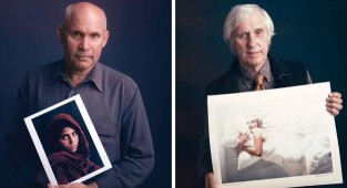 12 portraits of famous photographers posing with their legendary photographs (13 photos)