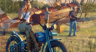 Мотоциклы Harley-Davidson и красивые девушки на ностальгических картинах Дэвида Уля (30 фото)