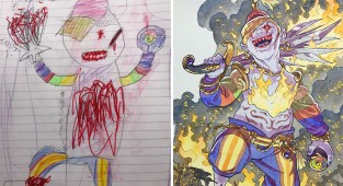 Father completes his son's art into funny caricatures