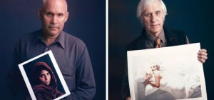 12 portraits of famous photographers posing with their legendary photographs (13 photos)