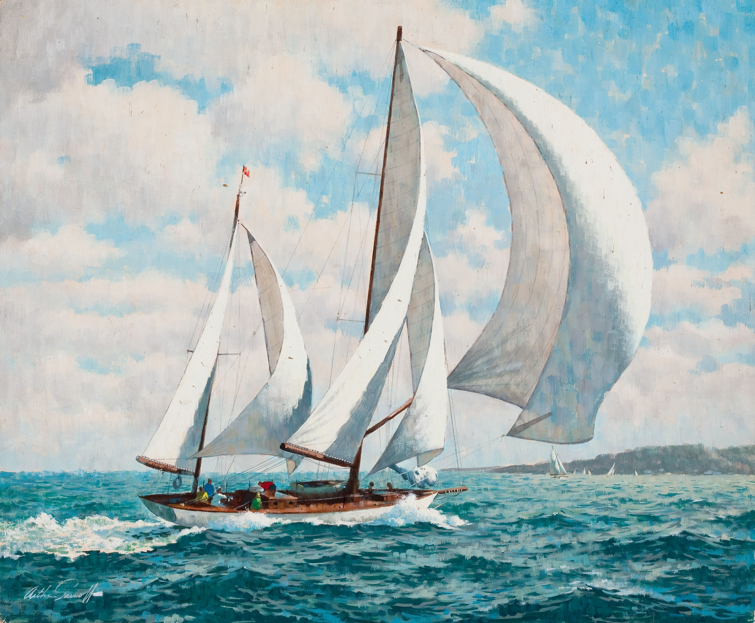 Ветром дуют паруса. Художник Arthur Saron Sarnoff. Морской пейзаж с кораблем.