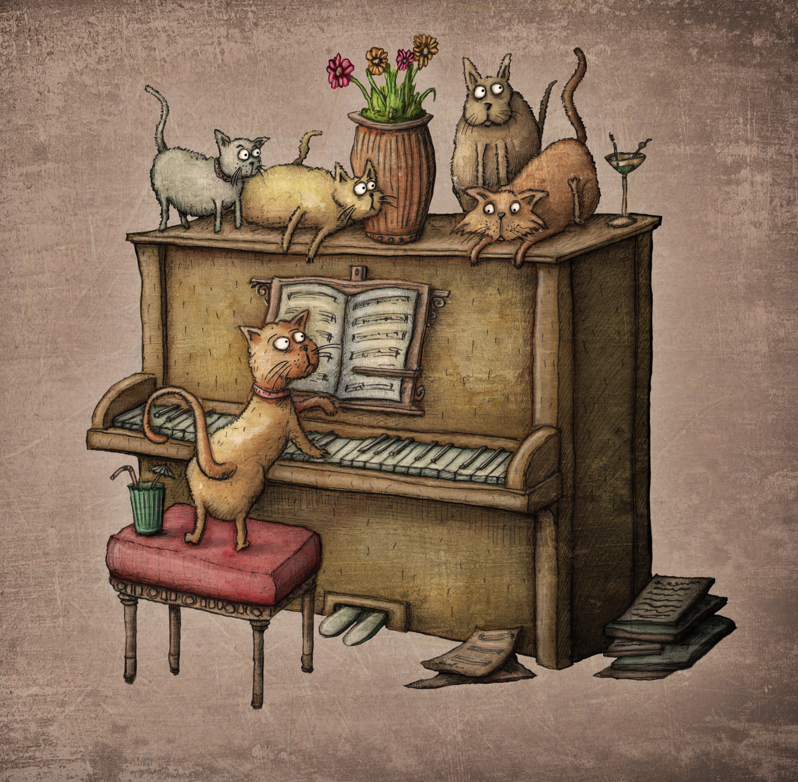 Песня веселая кошка. Веселые иллюстрации. Кот на пианино. Забавные картины. Забавные рисунки.