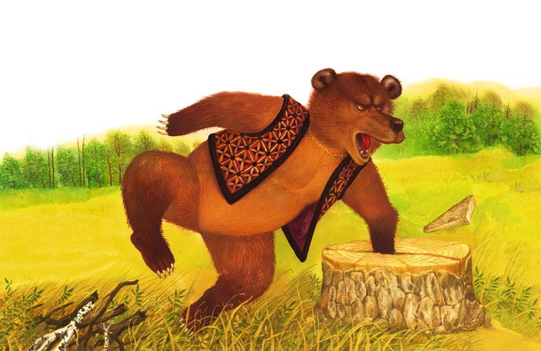 Не копьем побеждают а умом. Медведь сказочный. Медведь из сказки. Медведь рисунок. Медведь на пеньке.