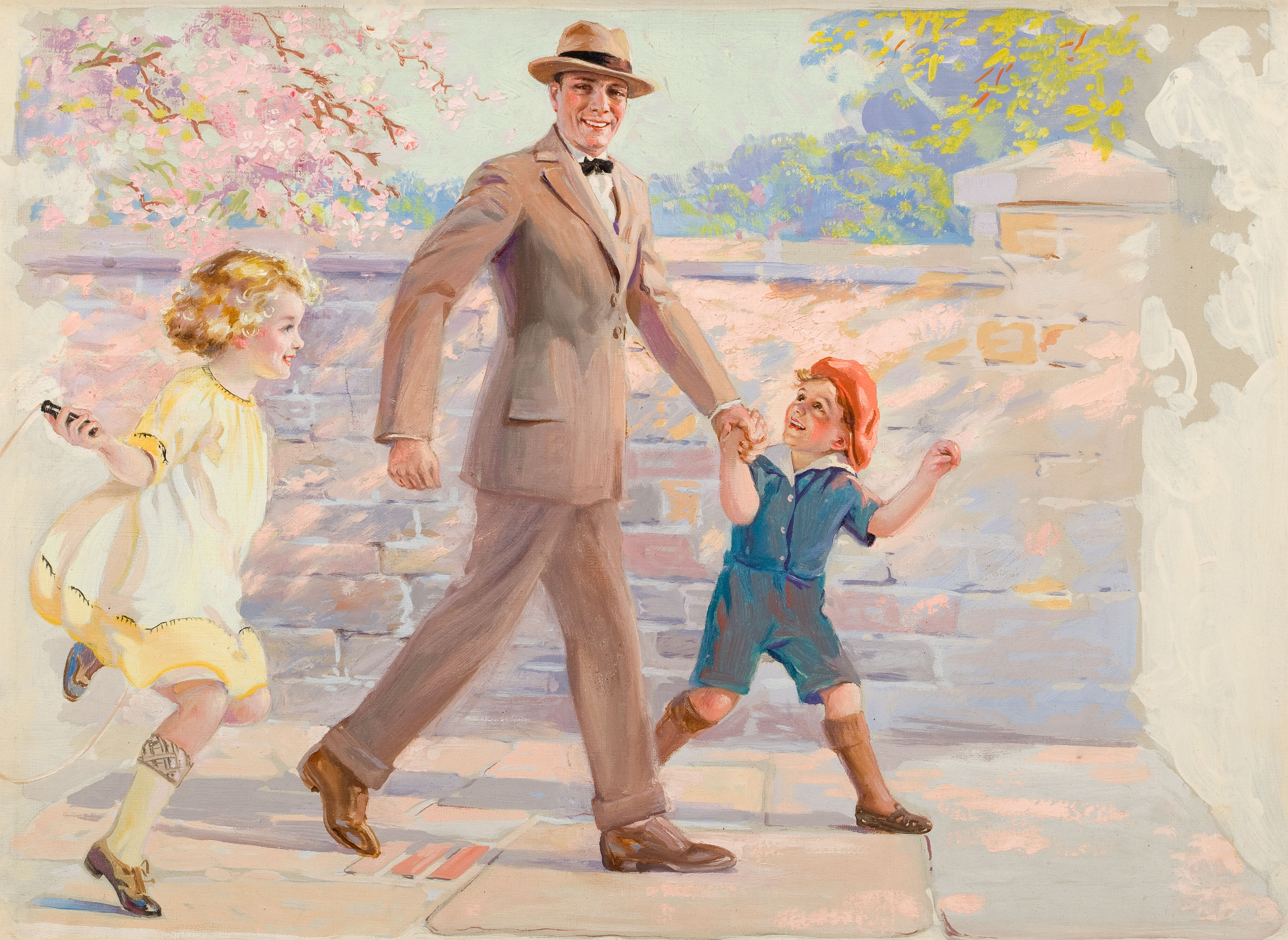 Ретро мамы и папы. Прогулка рисунок. Картина семья на прогулке. Картина прогулка с папой. Отец и дети картины художников.