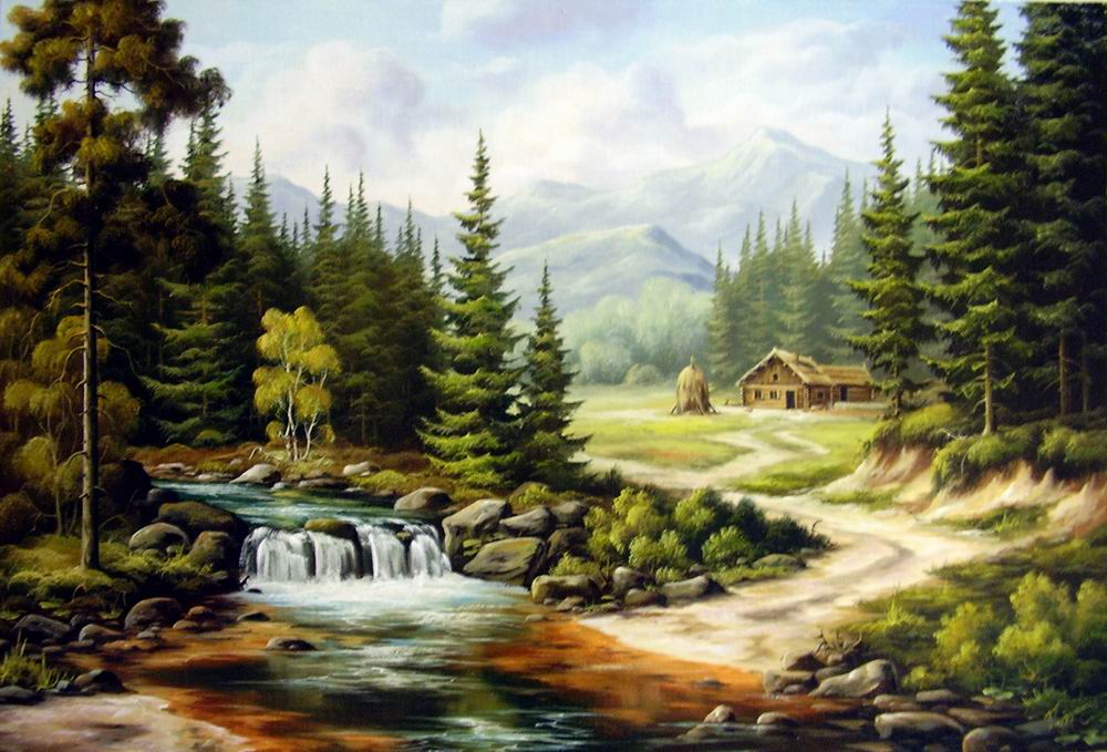 Рисунок леса реки. Пейзаж картина.